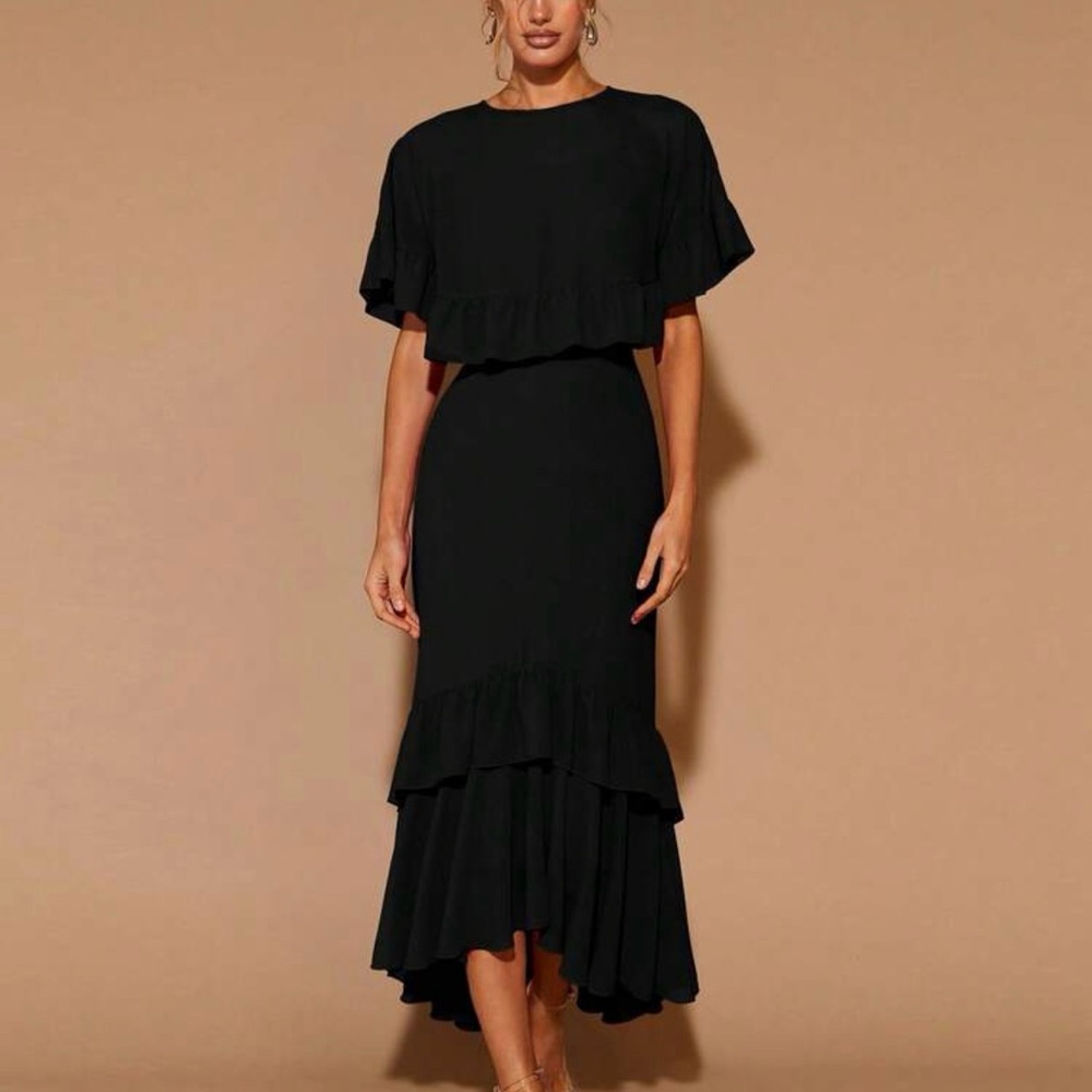 SHEIN Black High-Low Ruffle Midi Dress